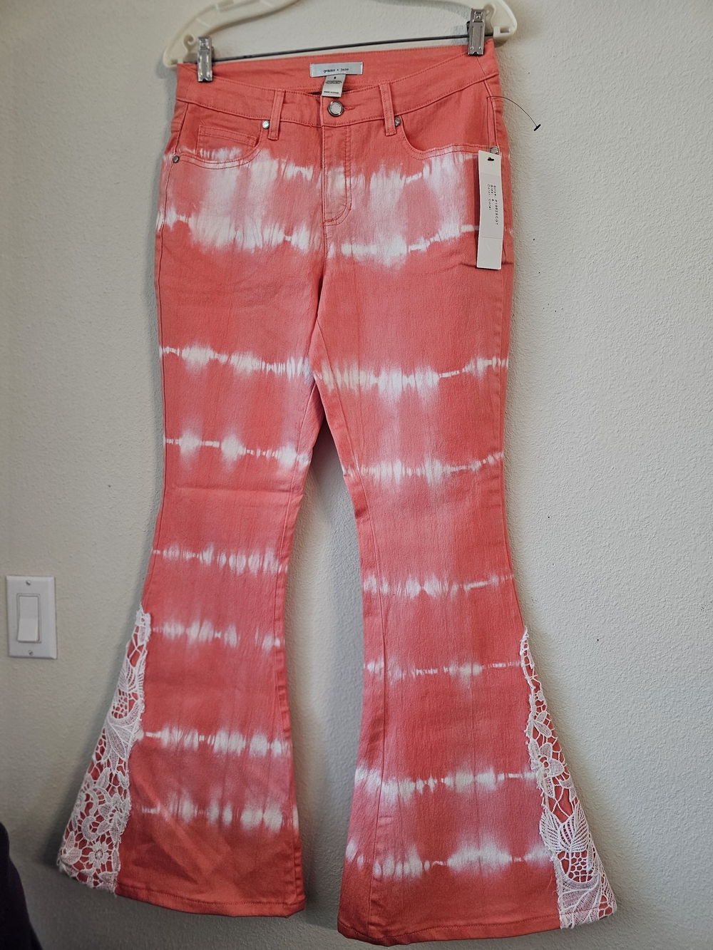 Coral Tie-Dye Flare Jeans with White Lace Insets - Women